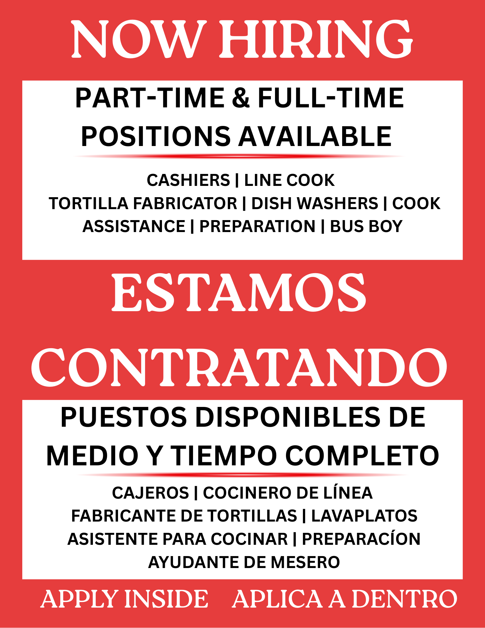Now Hiring - Mex Taco House - Apply Inside